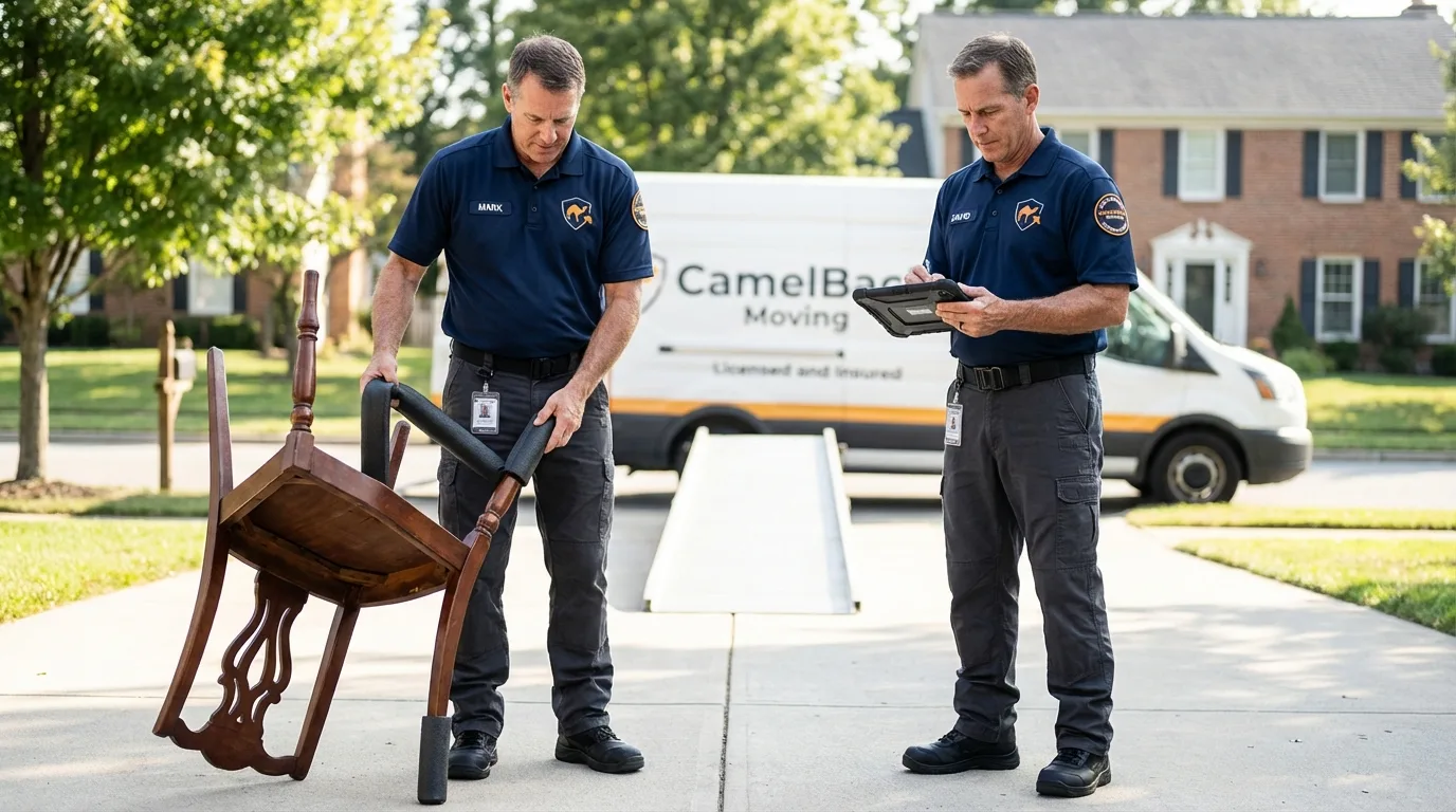 Movers inspecting furniture for damage prevention before loading in Boiling Springs, PA