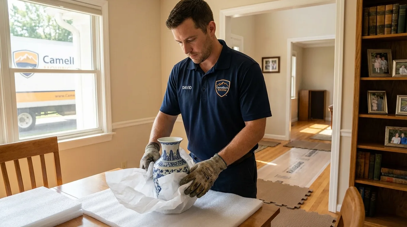 Professional crew carefully wrapping antique vase for senior downsizing move in Boiling Springs, PA